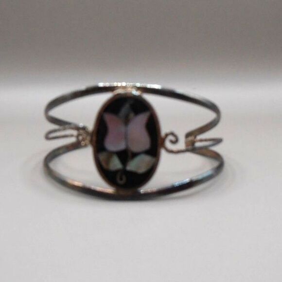 VTG Alpaca Mexico Inlay Flower Cuff Bracelet – Iridescent & Handcrafted 🌺 - Picture 1 of 4